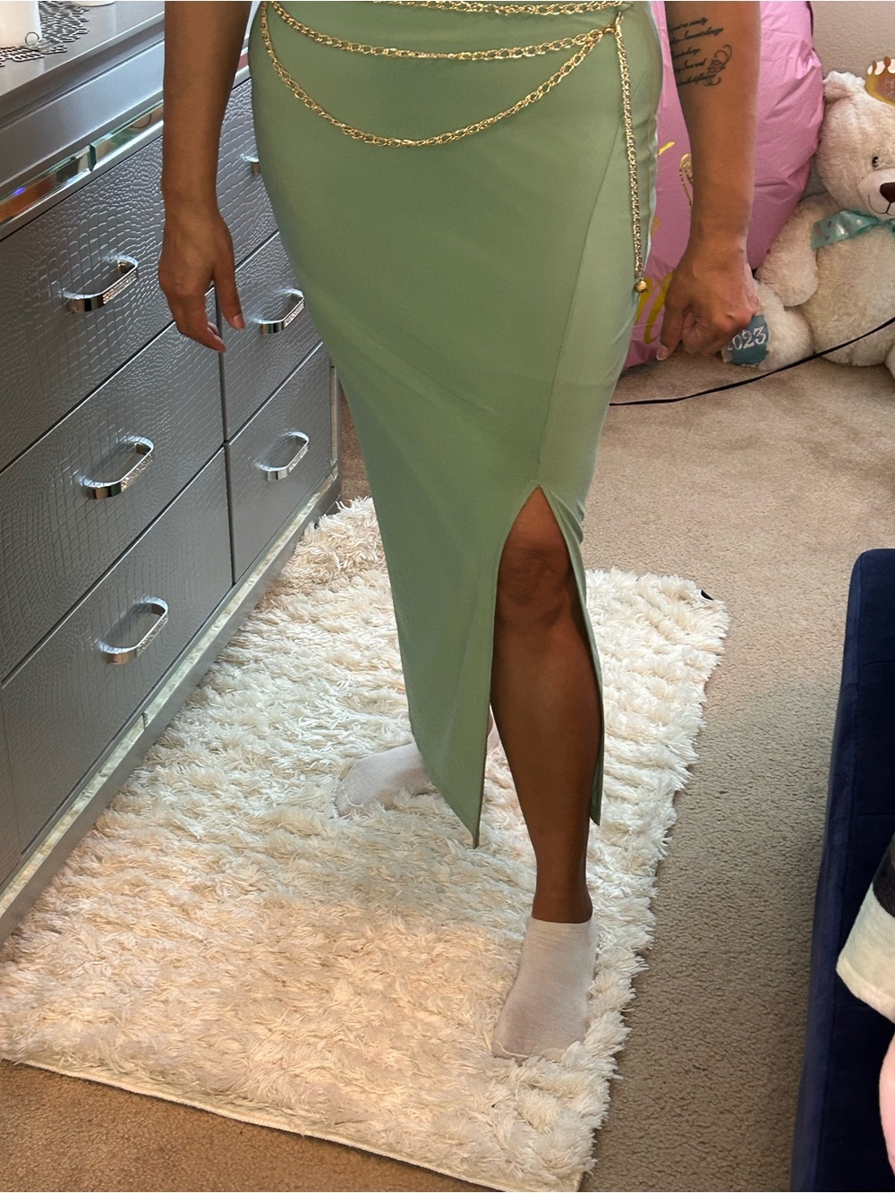 Guess Sage Green Midi Skirt with Front Slit and Chain Accent